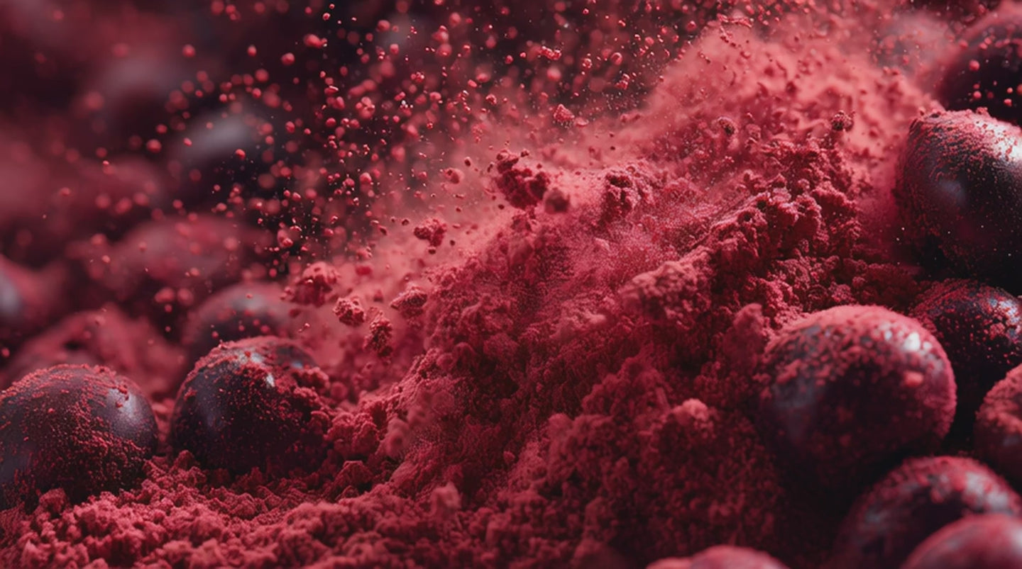 Cherry electrolytes powder falling onto cherries