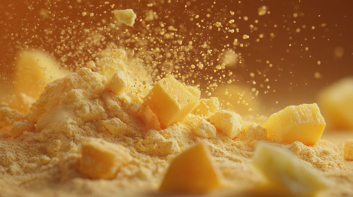 Tropical electrolyte powder falling on pineapple